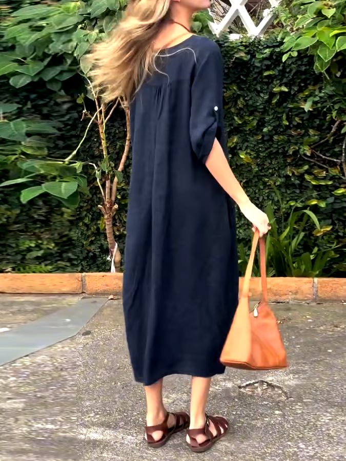 Women's Casual Loose Button Decoration Slant Pocket Cotton and Linen Dress