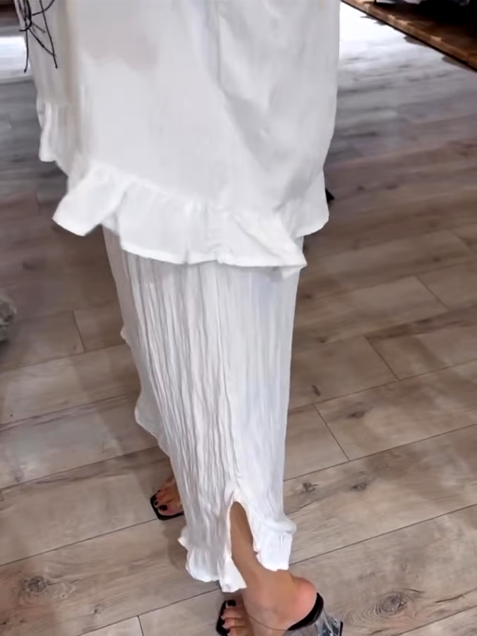 Women'S Solid Color Round Neck Lotus Leaf Sleeve Pleated Casual Set