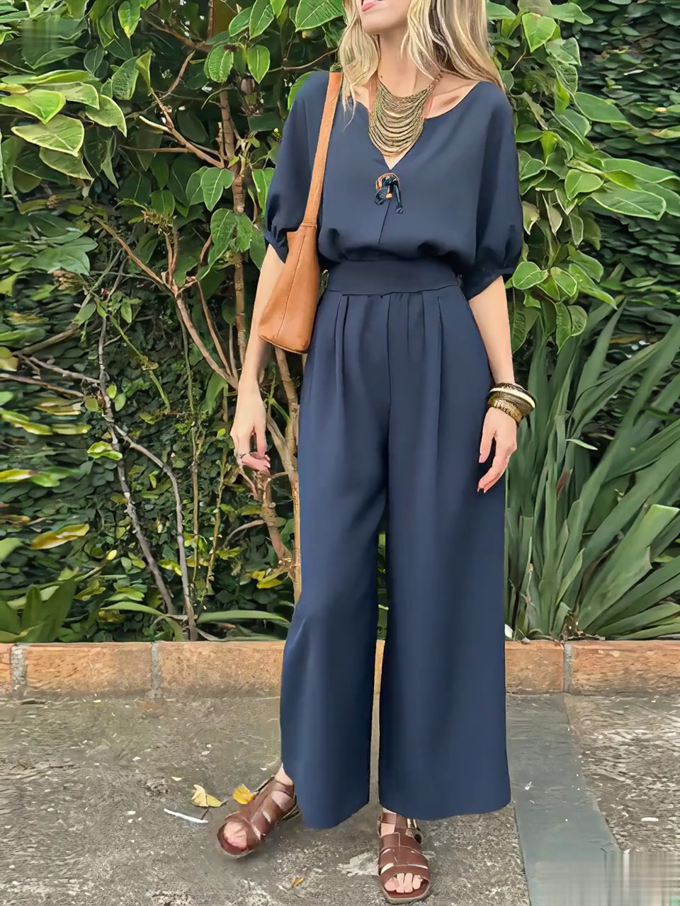 Women's Casual V-Neck Button Top and Pants Two-Piece Set