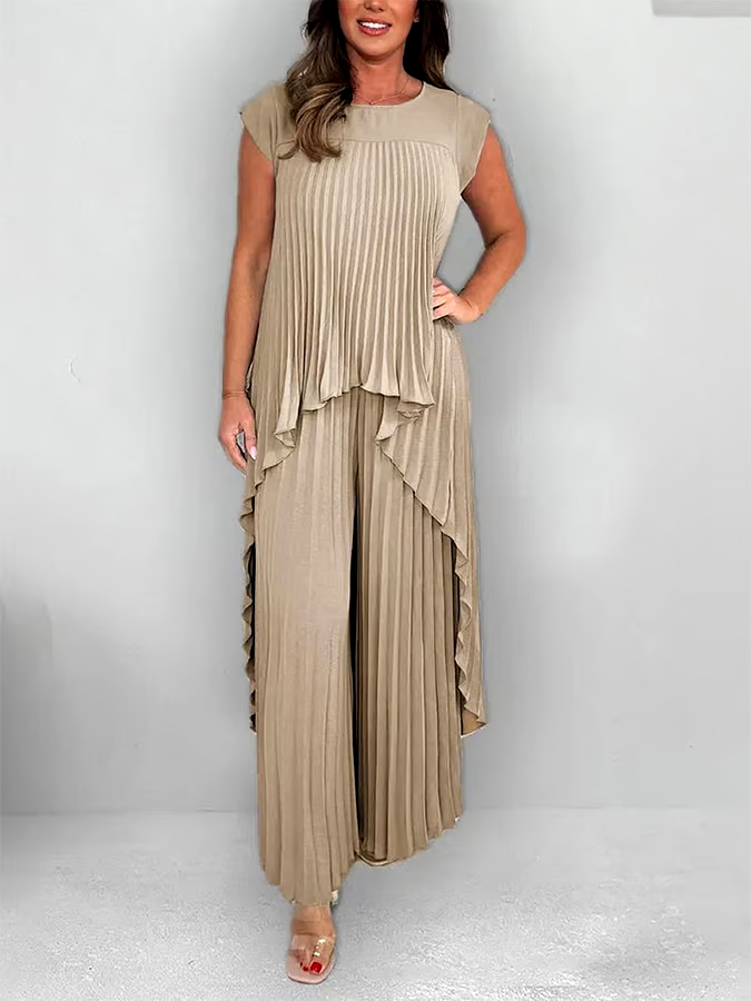 Women'S Solid Color Round Neck Pleated Top Straight Trousers Two-Piece Set