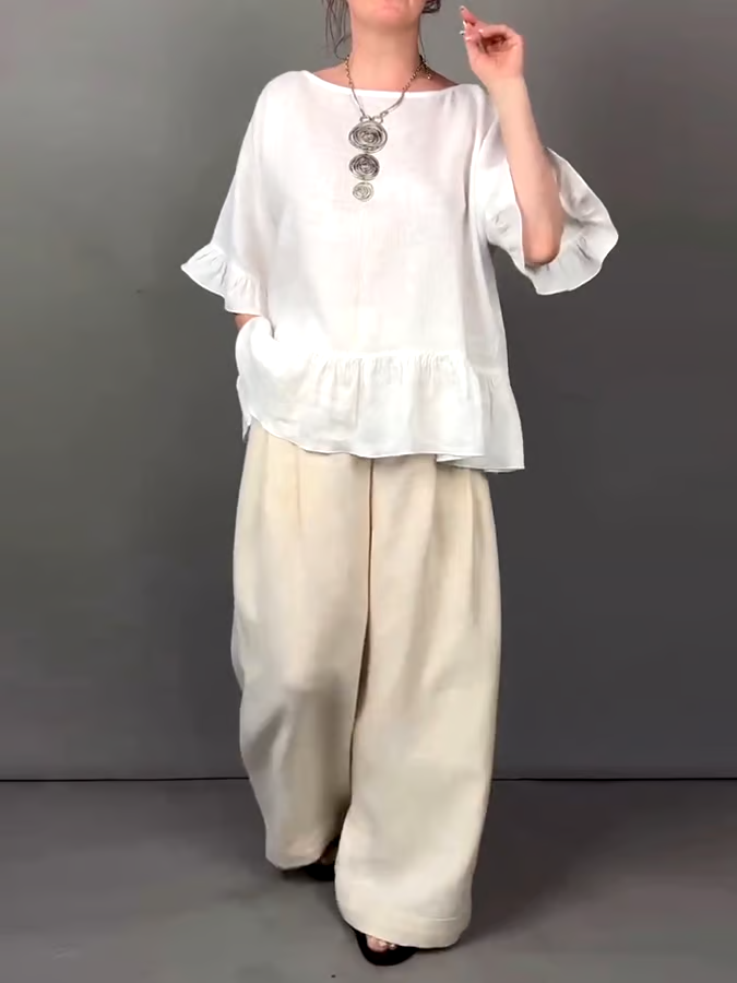 Women's Casual Solid Color Ruffled Top Contrast Color Cotton and Linen Two-piece Set