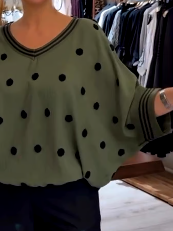 Women's Casual V-Neck Bat Sleeve Polka Dot Loose Top