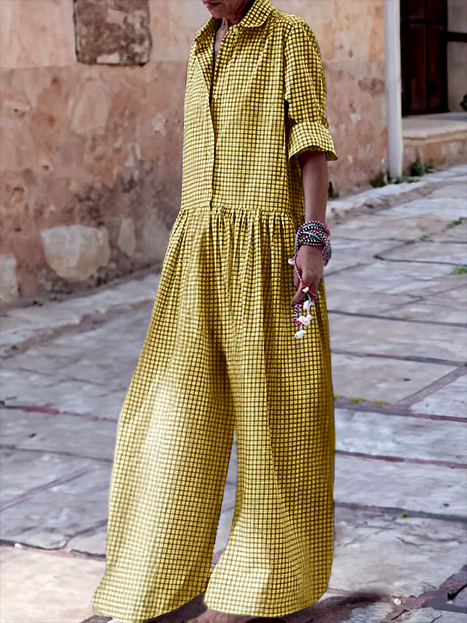 Women's Vintage Classic Plaid Long Sleeve Pocket Shirt Jumpsuit