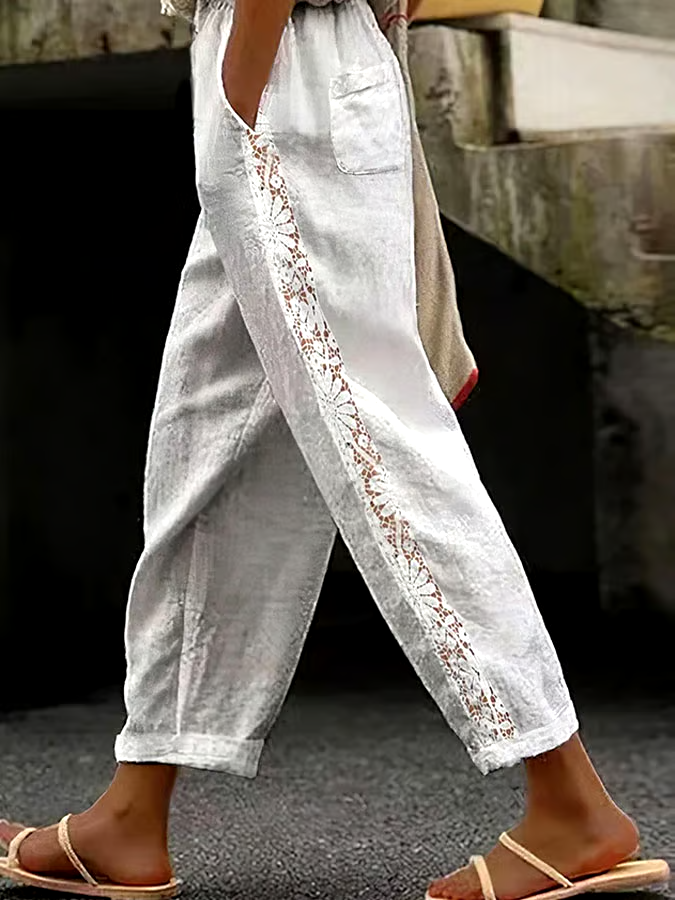 Women's Casual Solid Color Elastic Waist Lace Cotton and Linen Trousers