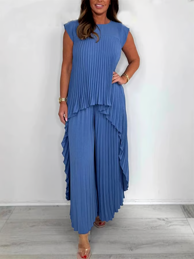 Women'S Solid Color Round Neck Pleated Top Straight Trousers Two-Piece Set