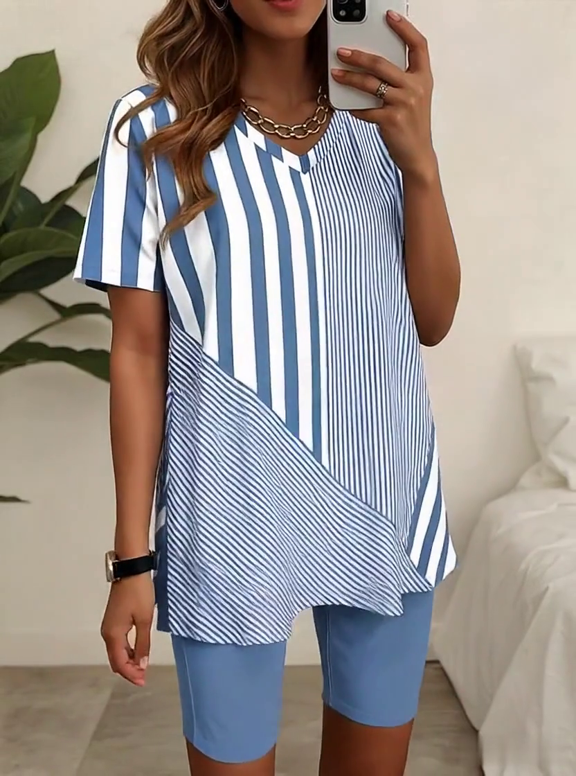 Women'S Loose Striped Slit Top Shorts Set