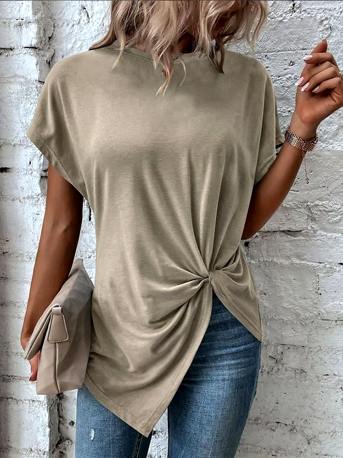 Women's Casual Solid Color Pleated Round Neck Short Sleeve Top