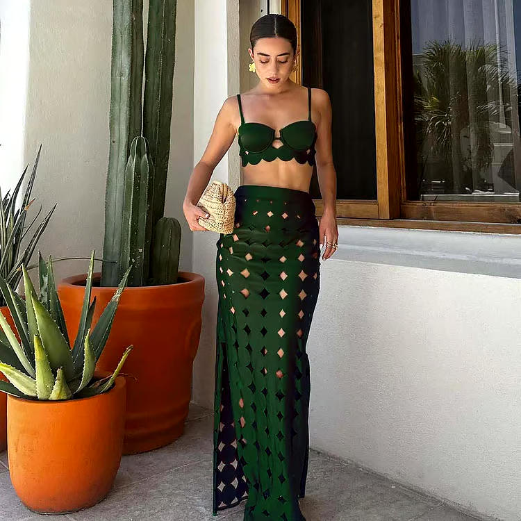 DBVACAY Laser Cutting Circularity Bikini Straight Skirt Swimsuit Set