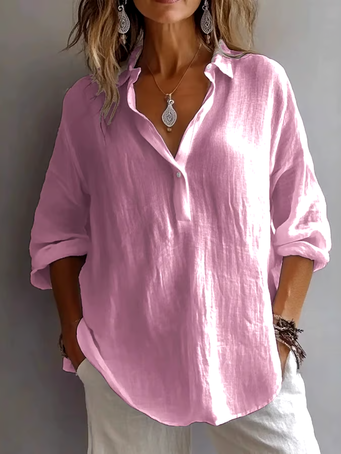 Women's Casual Solid Color Loose Long Sleeve Linen Lapel Shirt