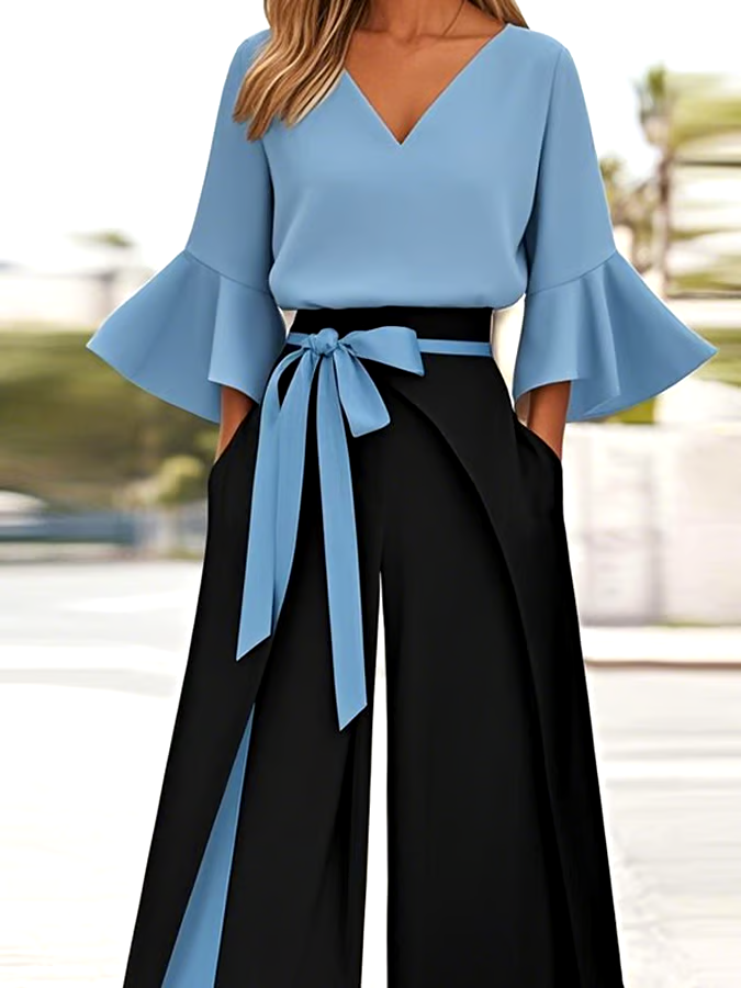 Women'S Casual V-Neck Trumpet Sleeve Contrast Color Two-Piece Suit