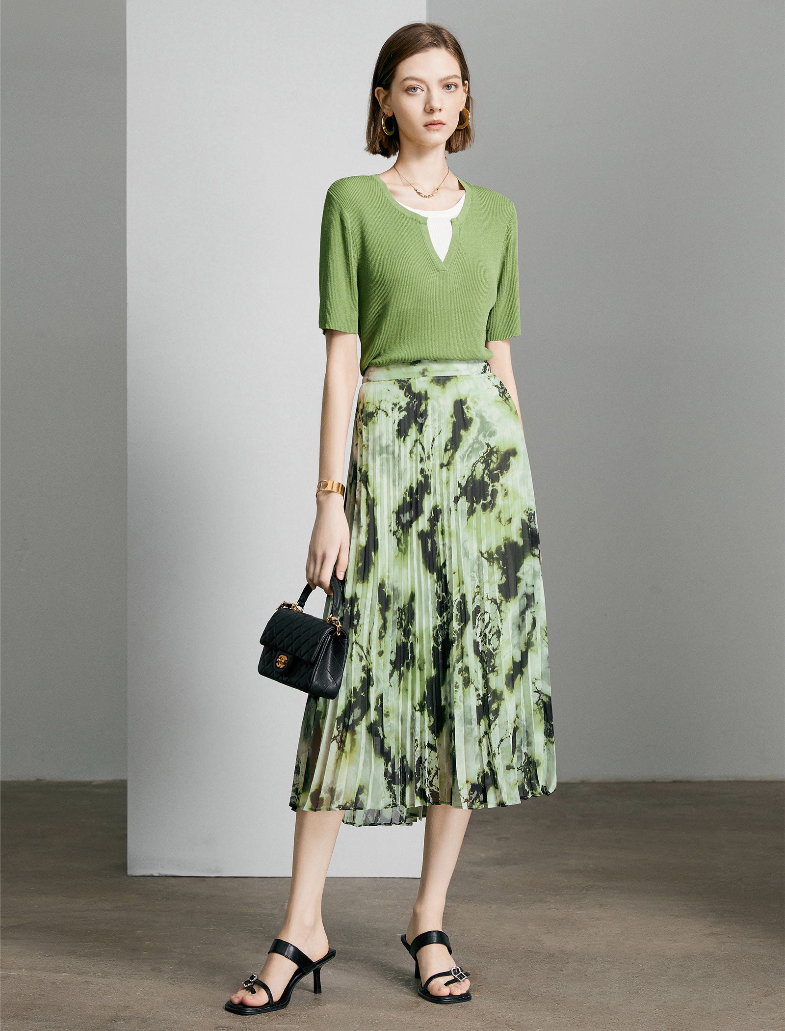 Leaf Green Ribbed V-Neck Layered Knit Top