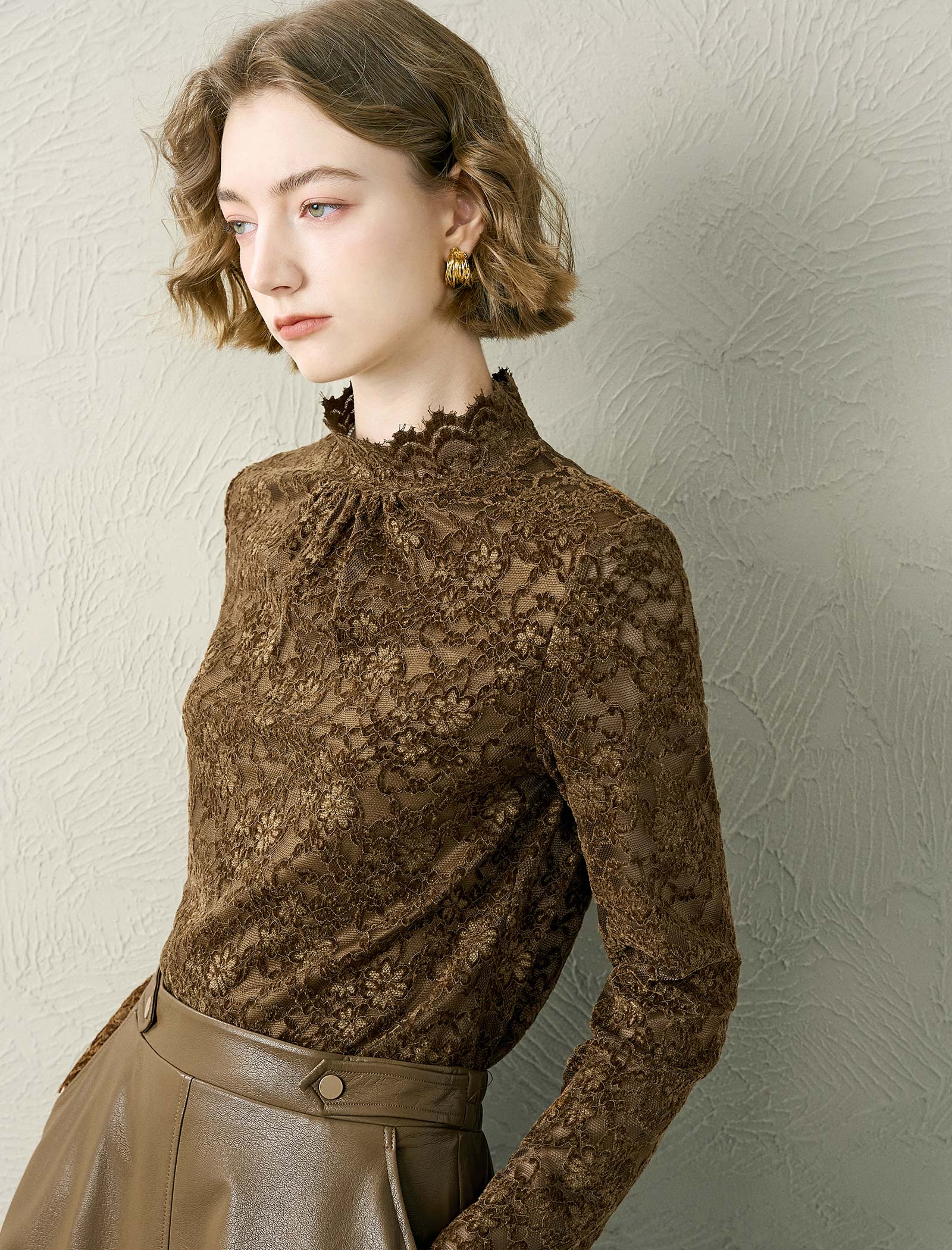 Floral Lace Mock Neck Ruched Blouse