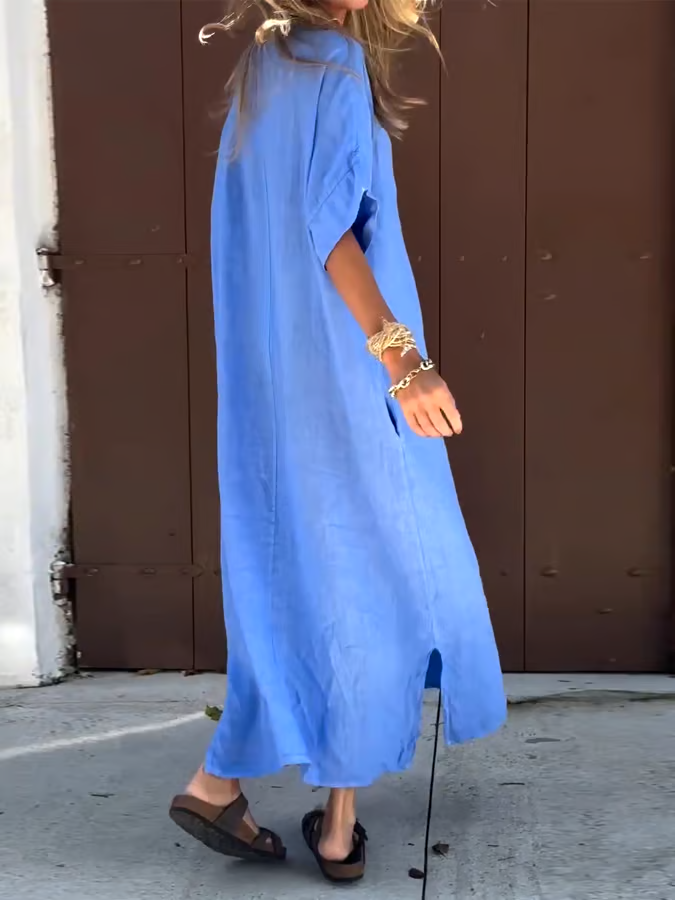 Women'S Casual Solid Color Short-Sleeved V-Neck Cotton And Linen Dress