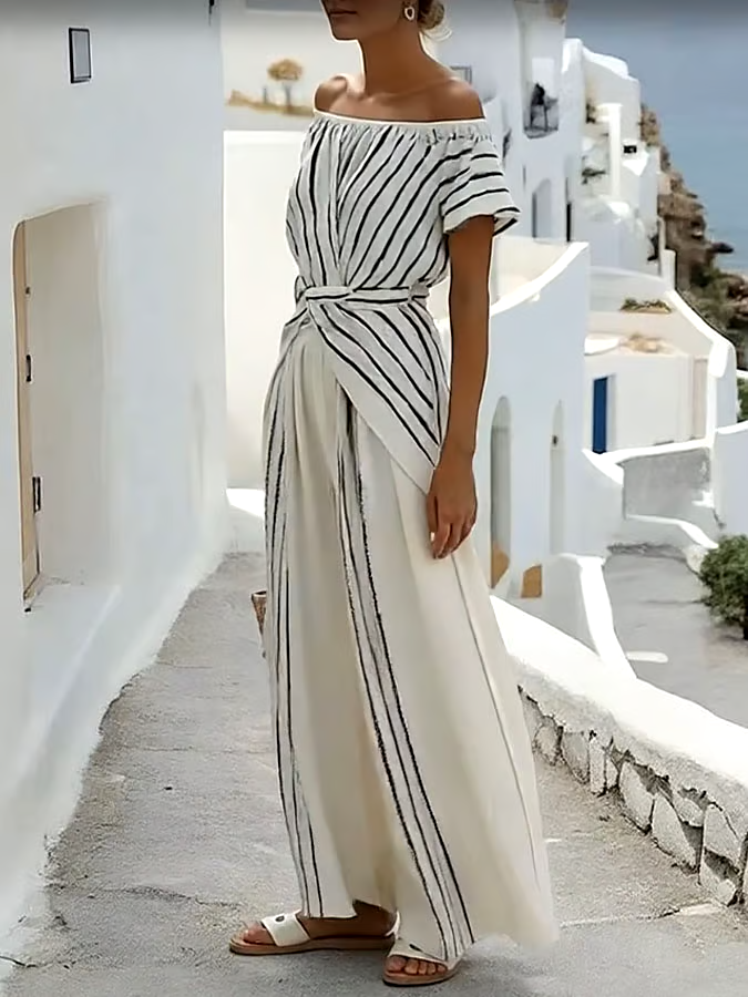 Women'S Casual Off-Shoulder Short-Sleeved Loose Striped Contrast Color Top And Trousers Two-Piece Set