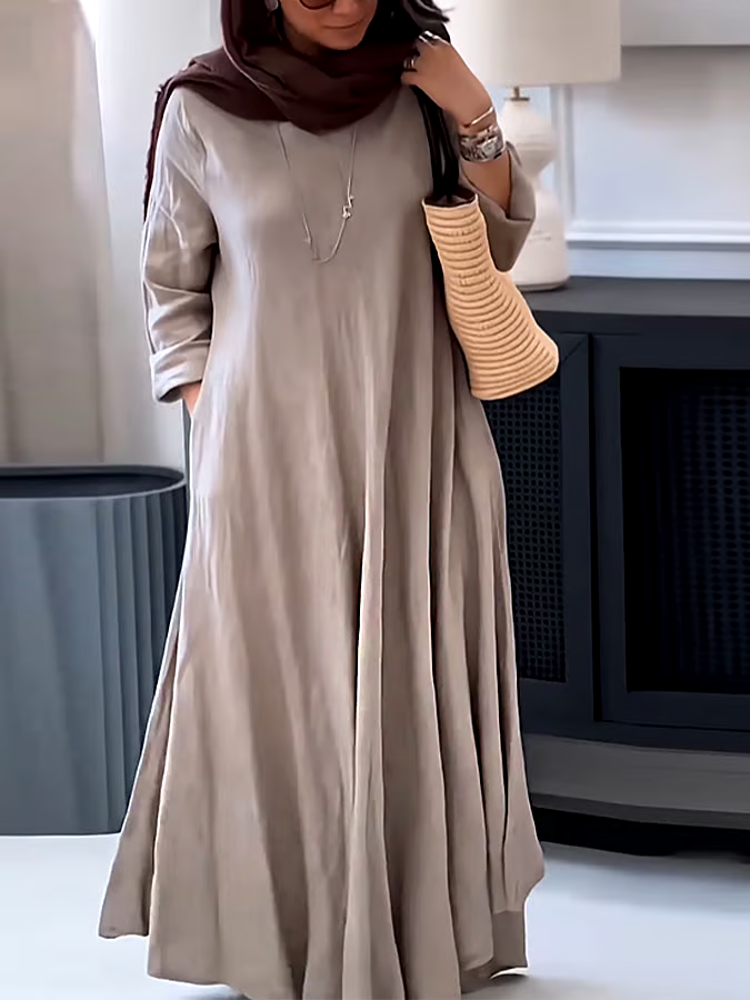 Women's Casual Solid Color V-Neck Long Sleeve Cotton and Linen Dress