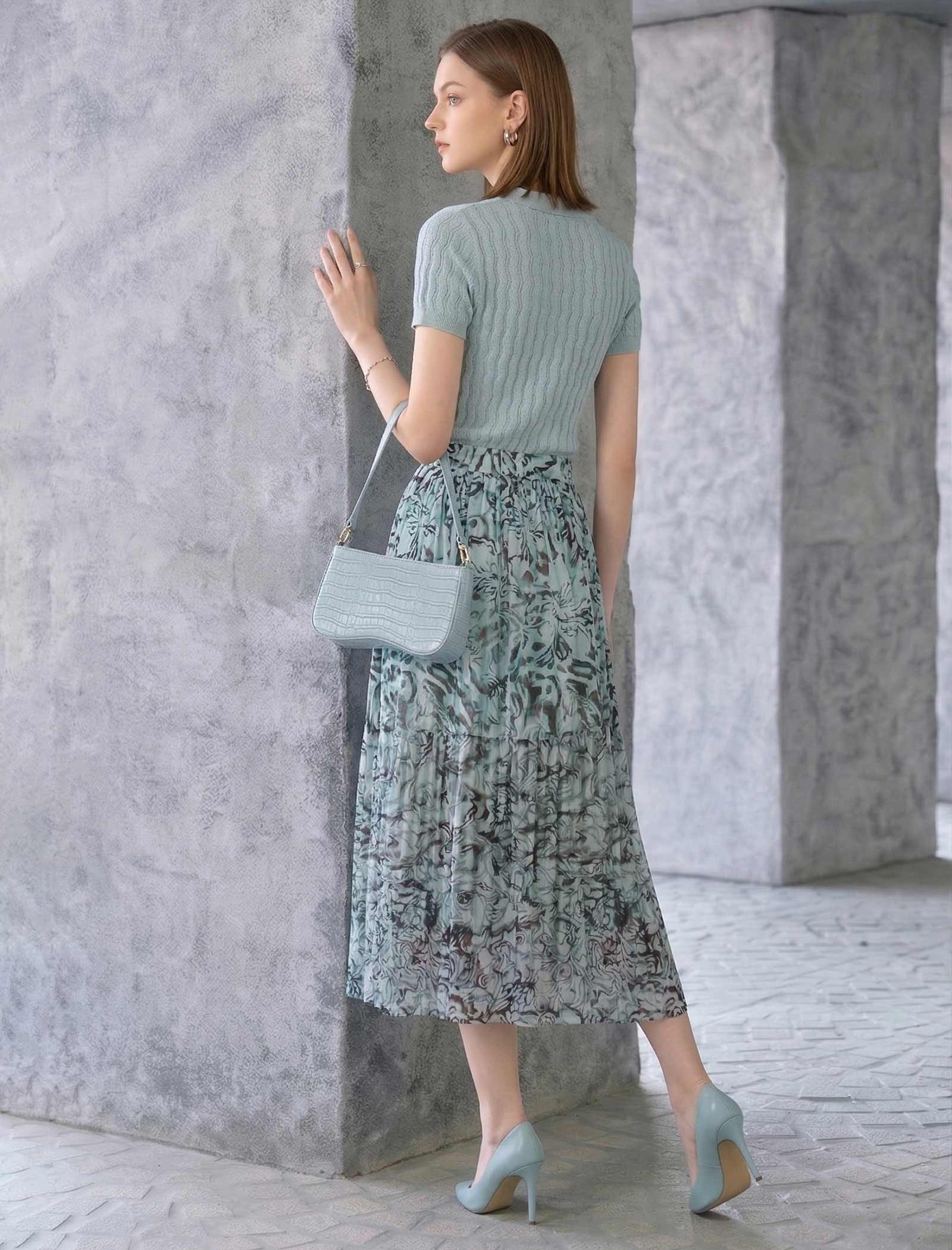 Wavy Openwork Tencel Linen Henley Knit Top