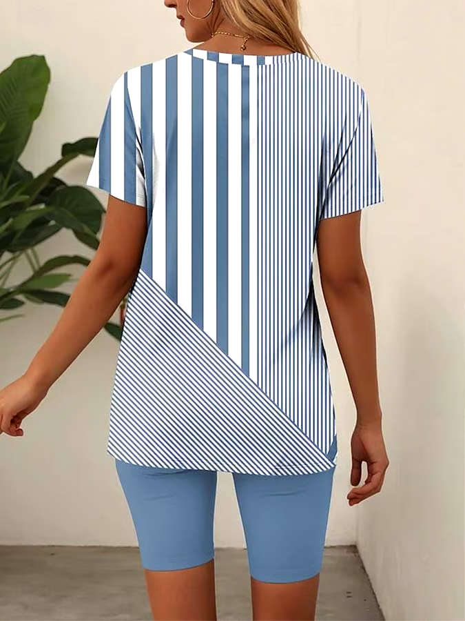 Women'S Loose Striped Slit Top Shorts Set