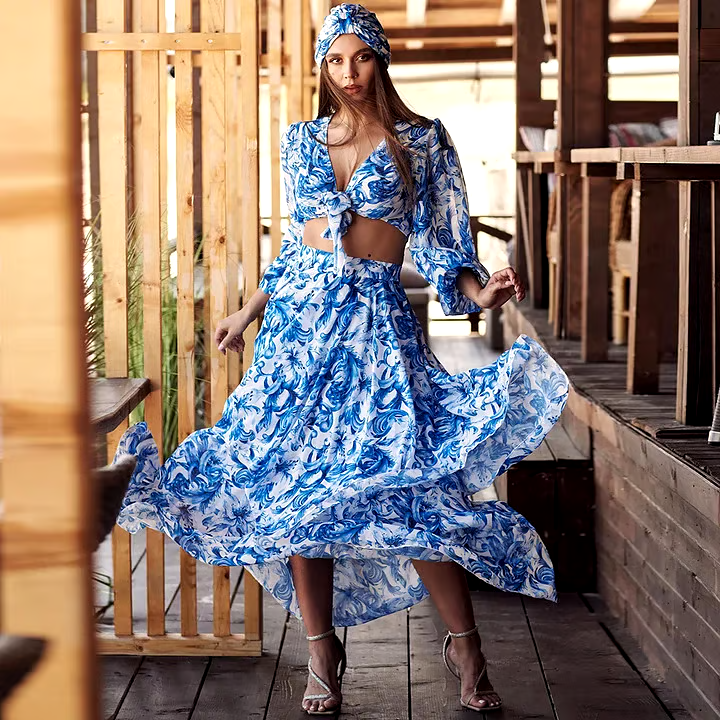 Floral Print Long Sleeves Tow Piece Swimsuit Set