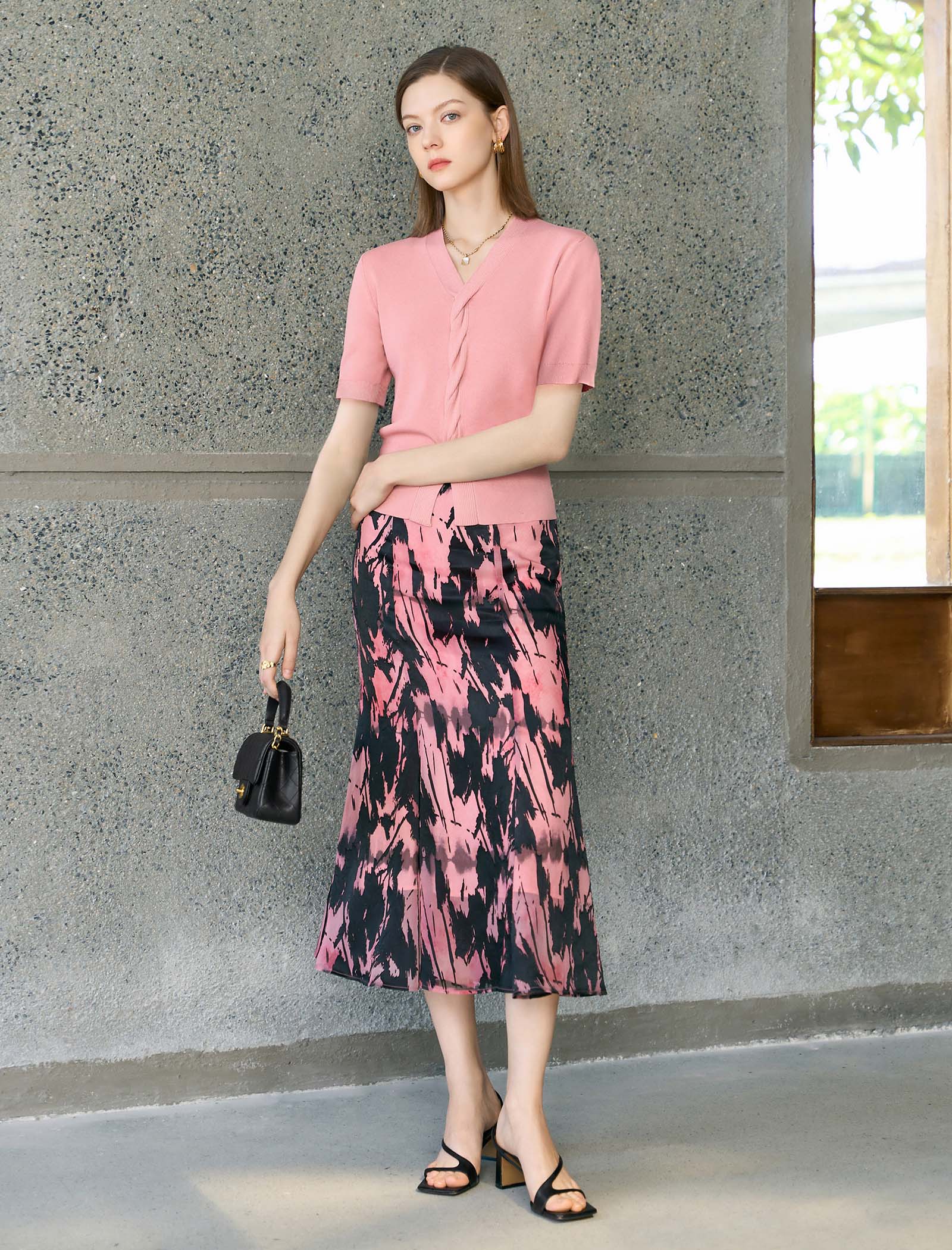 V-Neck Cable-Knit Short Sleeve Top