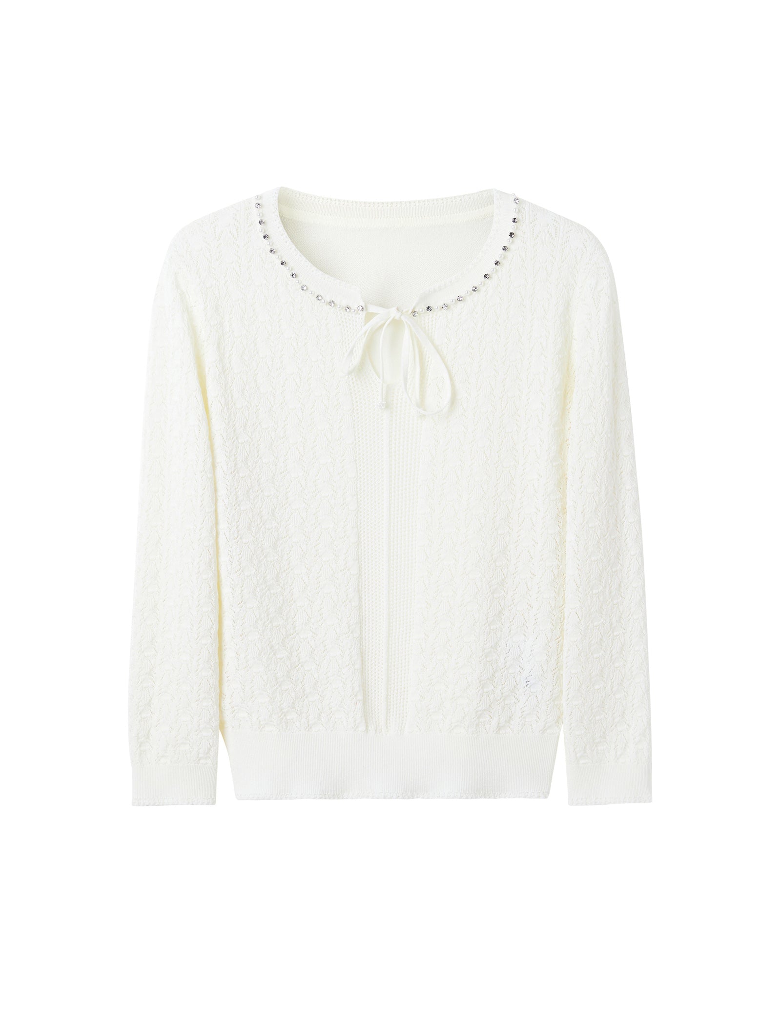 Tencel Eyelet Knit Tie-Neck Sweater