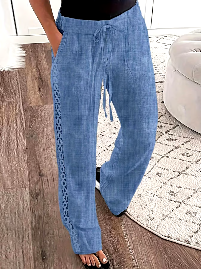 Women's Casual Solid Color Side Hollow Design Cotton and Linen Pants