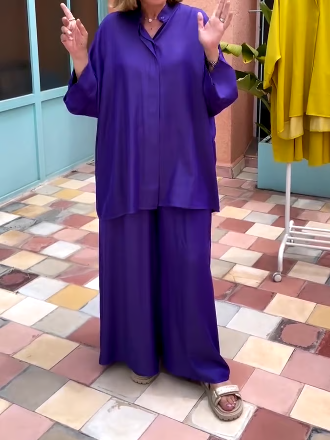 Women'S Solid Color Round Neck Loose Casual Trousers Two-Piece Set