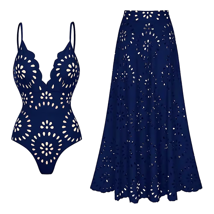 Laser Cutting Flower Hollow Flared Skirt Swimsuit
