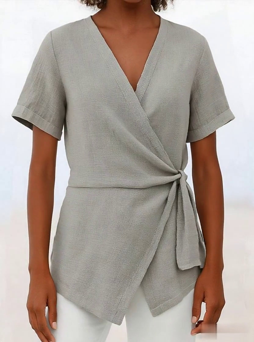 Women's Casual Solid Color V Neck Short Sleeve Lace-up Cotton and Linen Top