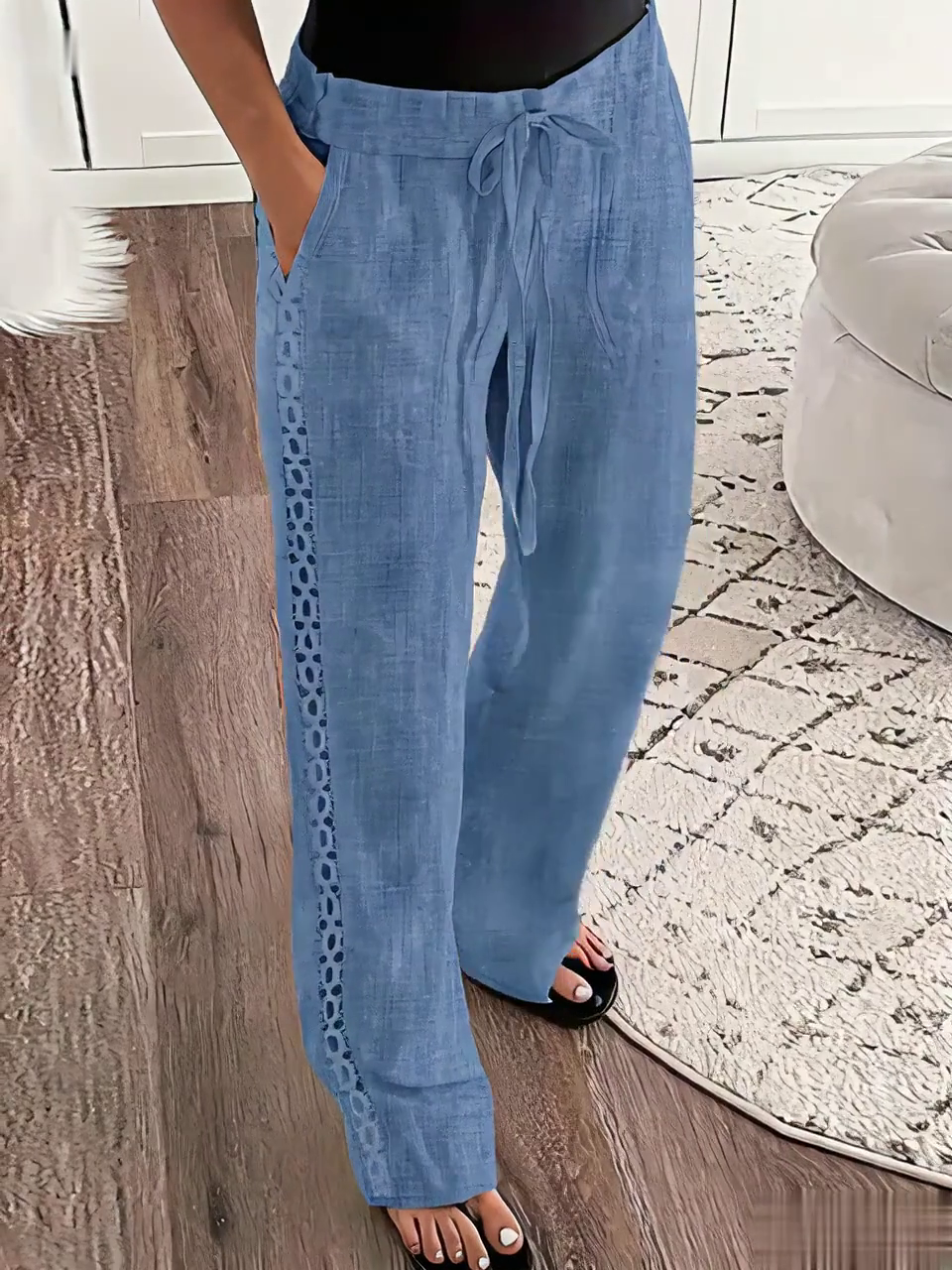 Women's Casual Solid Color Side Hollow Design Cotton and Linen Pants