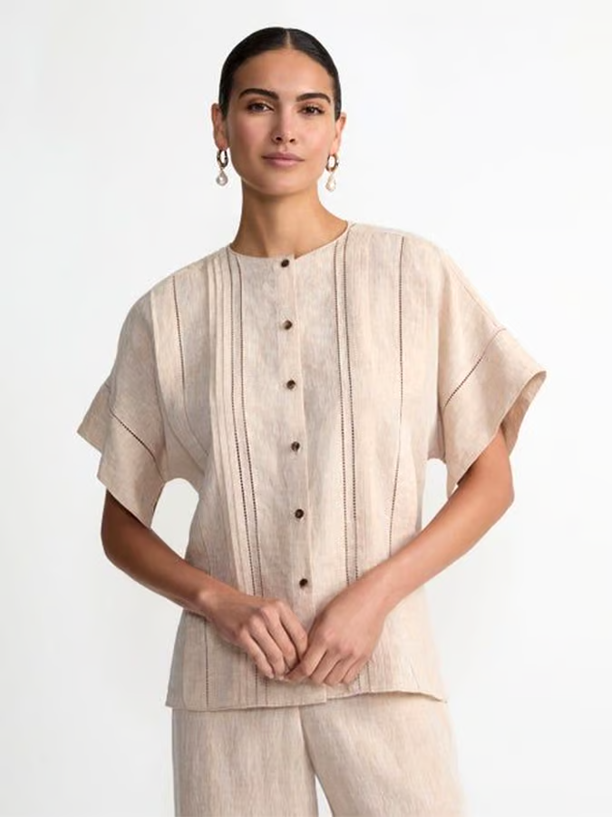 Women's Cotton&Linen Casual Striped Hollow Shirt Suit