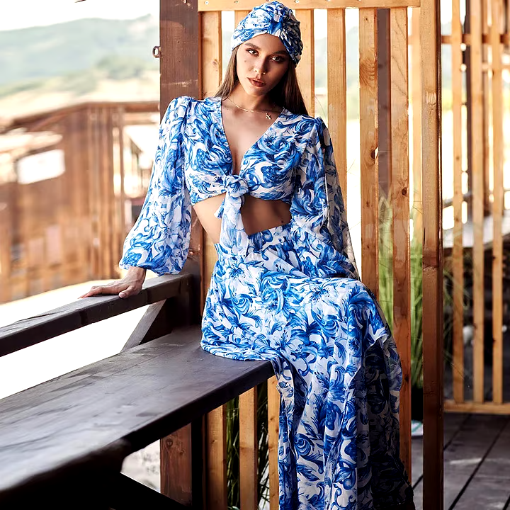 Floral Print Long Sleeves Tow Piece Swimsuit Set