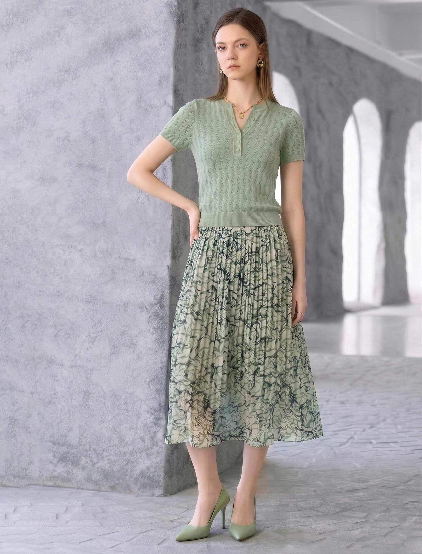 Wavy Openwork Tencel Linen Henley Knit Top