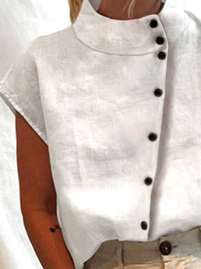 Summer Women's Cotton&Linen High Collar Button Short Sleeve Shirt