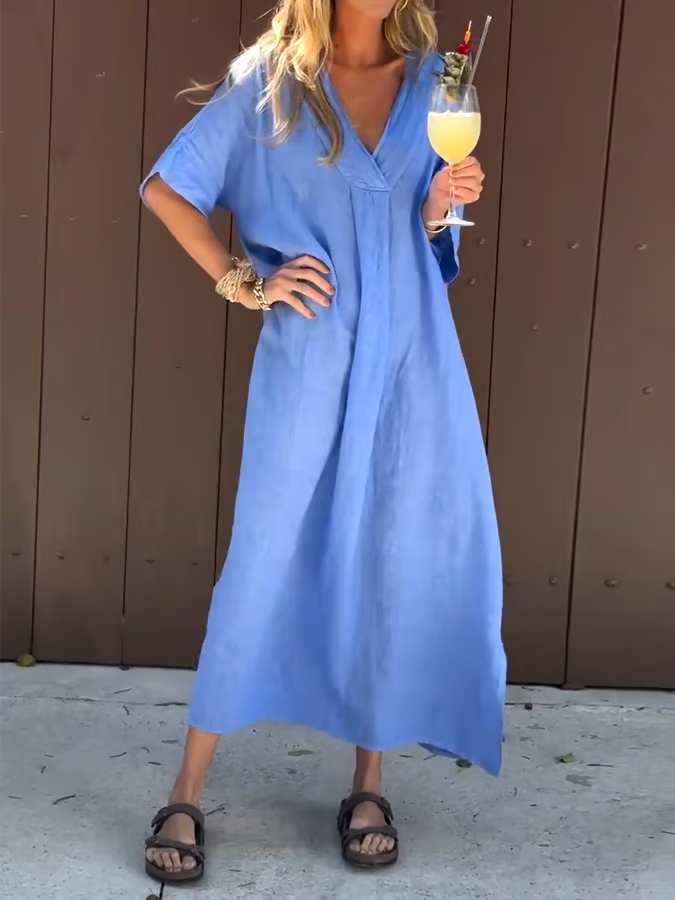 Women'S Casual Solid Color Short-Sleeved V-Neck Cotton And Linen Dress