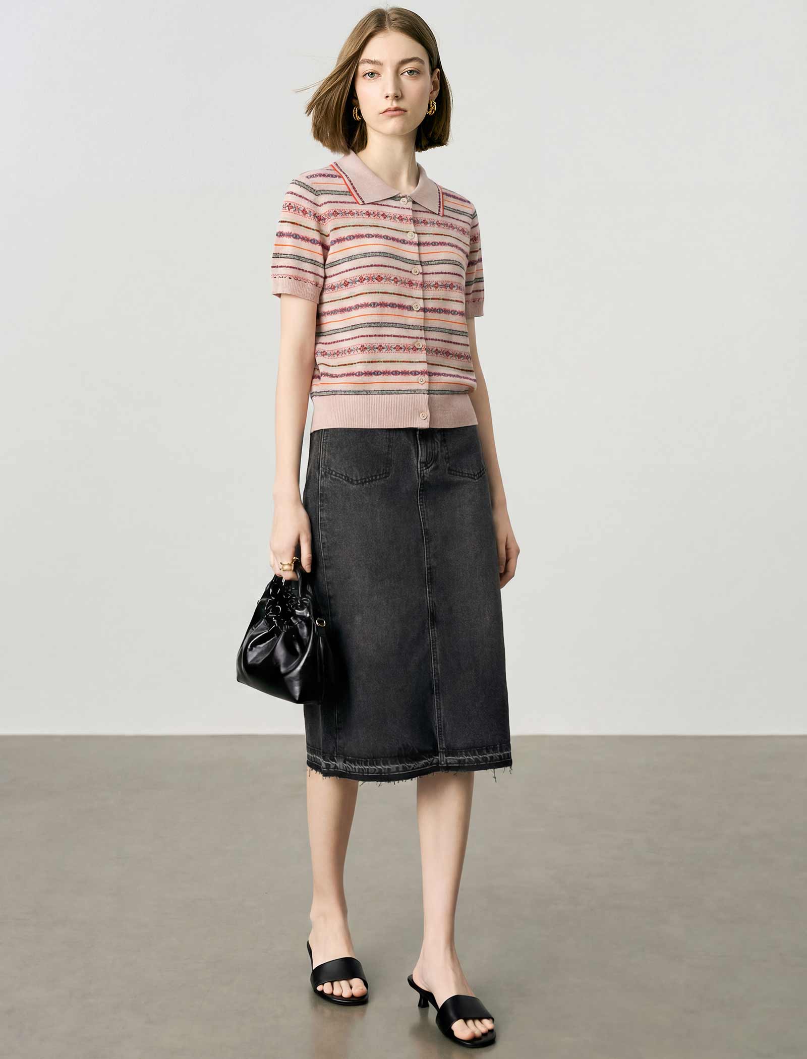 Vintage Striped Collared Short Sleeve Knit Cardigan Top