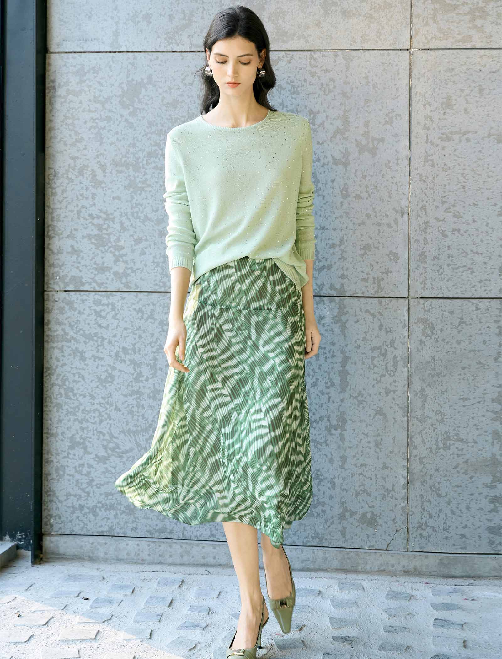 Sage Green Tencel-Linen Blend Sequin Knit Top