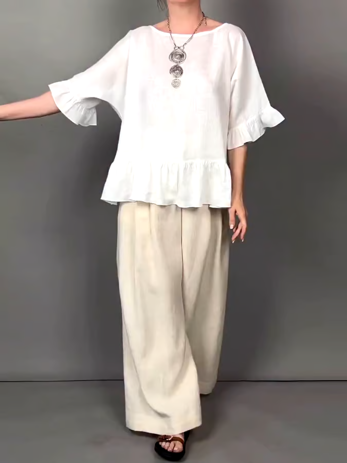 Women's Casual Solid Color Ruffled Top Contrast Color Cotton and Linen Two-piece Set