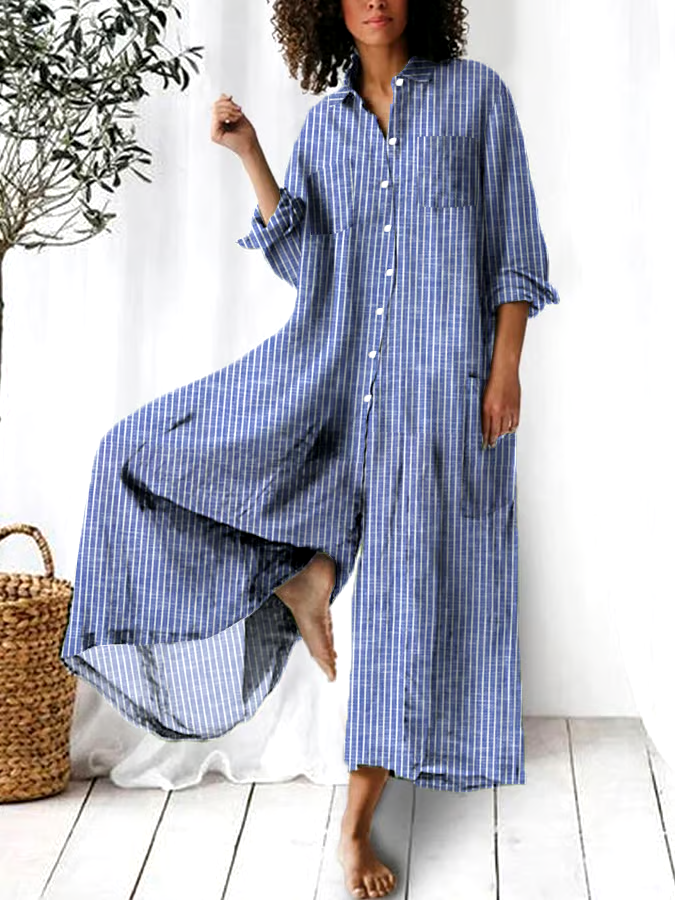 Women's Vintage Classic Striped Long Sleeve Multi-Pocket Shirt Jumpsuit
