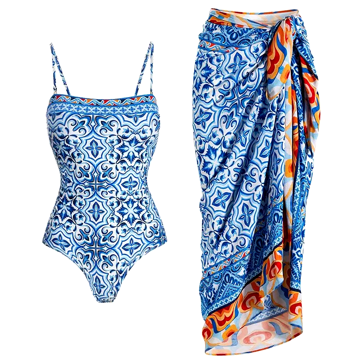 Blue And White Porcelain Print One Piece Swimsuit Set