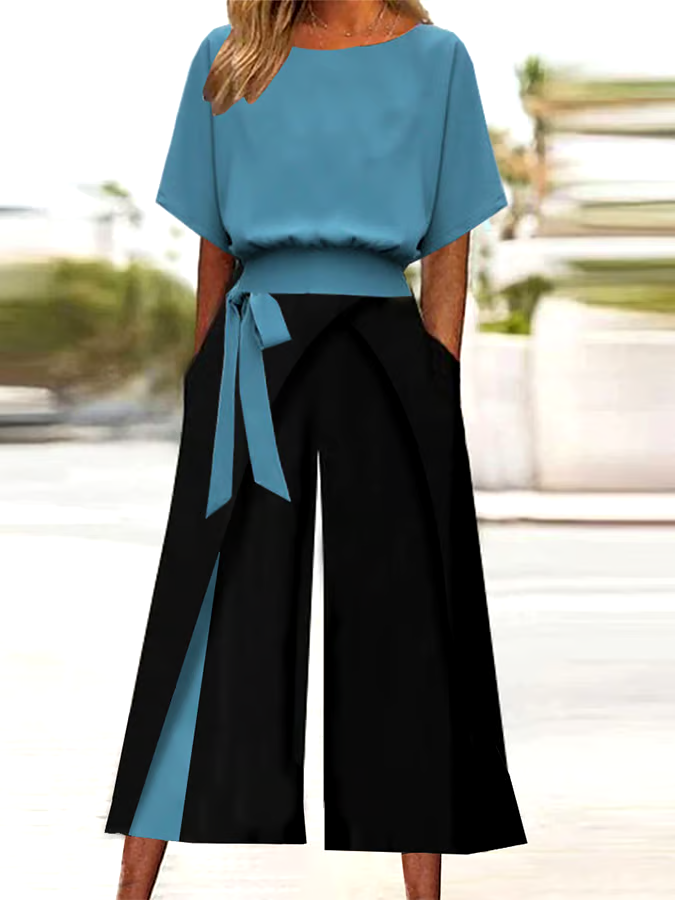 Women'S Casual Round-Neck Contrast Color Two-Piece Set