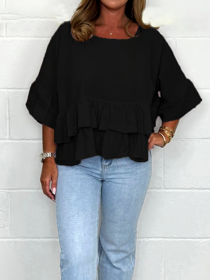 Women'S Solid Color Round Neck Ruffled Cotton And Linen Top