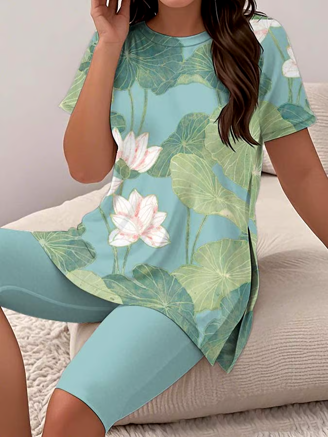 Women's Casual Round Neck  Print Short Sleeve T-Shirt Shorts Set