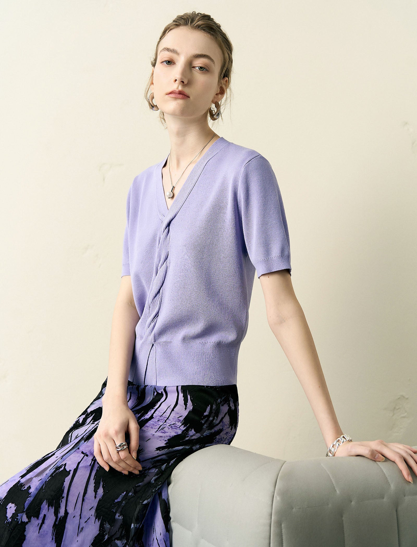 V-Neck Cable-Knit Short Sleeve Top
