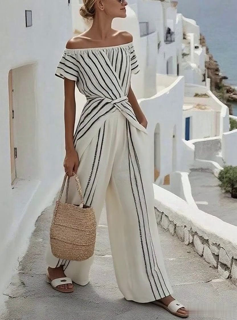 Women'S Casual Off-Shoulder Short-Sleeved Loose Striped Contrast Color Top And Trousers Two-Piece Set