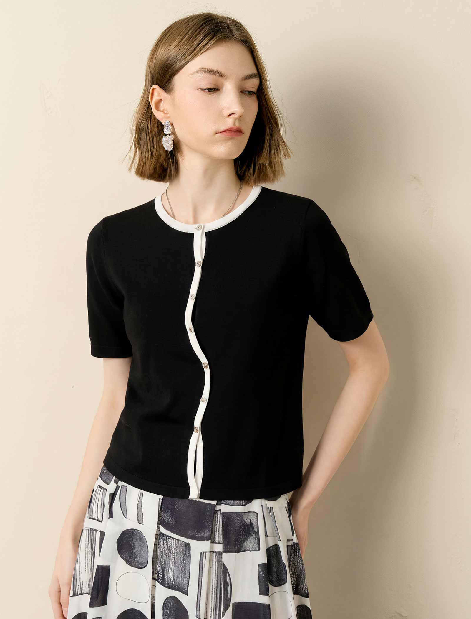 Black Contrast Trim Button Placket Knit Top