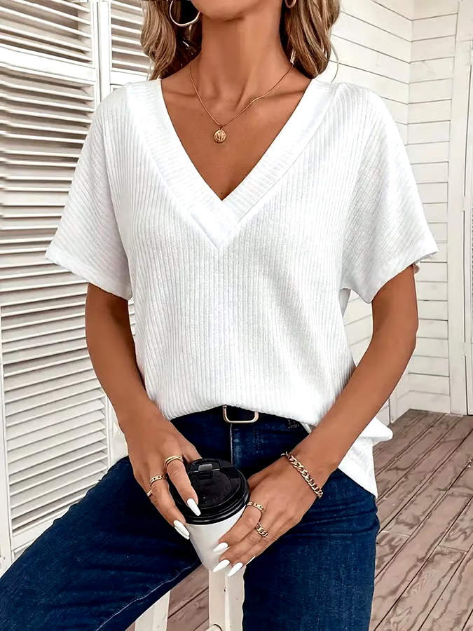 Women's Casual Loose V-neck Solid Color T-Shirt