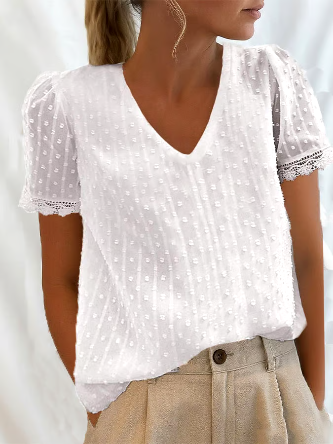 Women's Casual Solid Color V-Neck Short Sleeve Polka Dot Lace Top