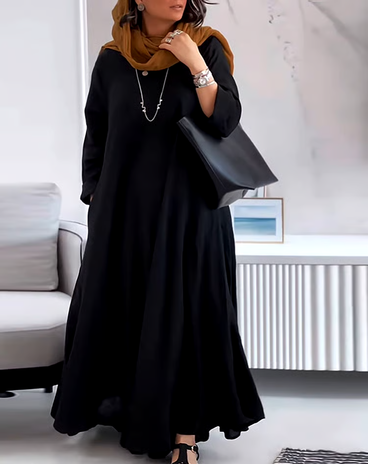 Women's Casual Solid Color V-Neck Long Sleeve Cotton and Linen Dress