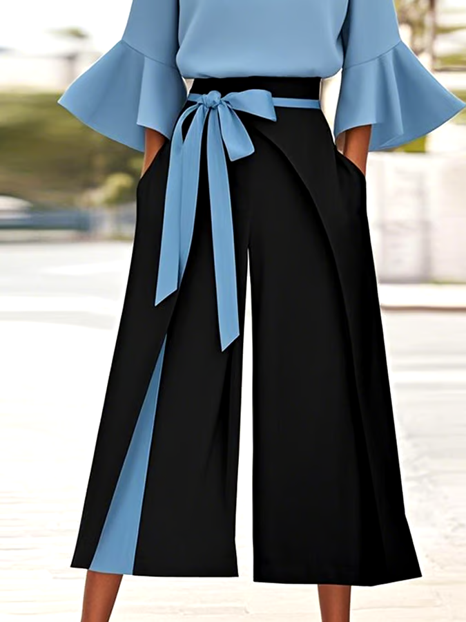 Women'S Casual V-Neck Trumpet Sleeve Contrast Color Two-Piece Suit