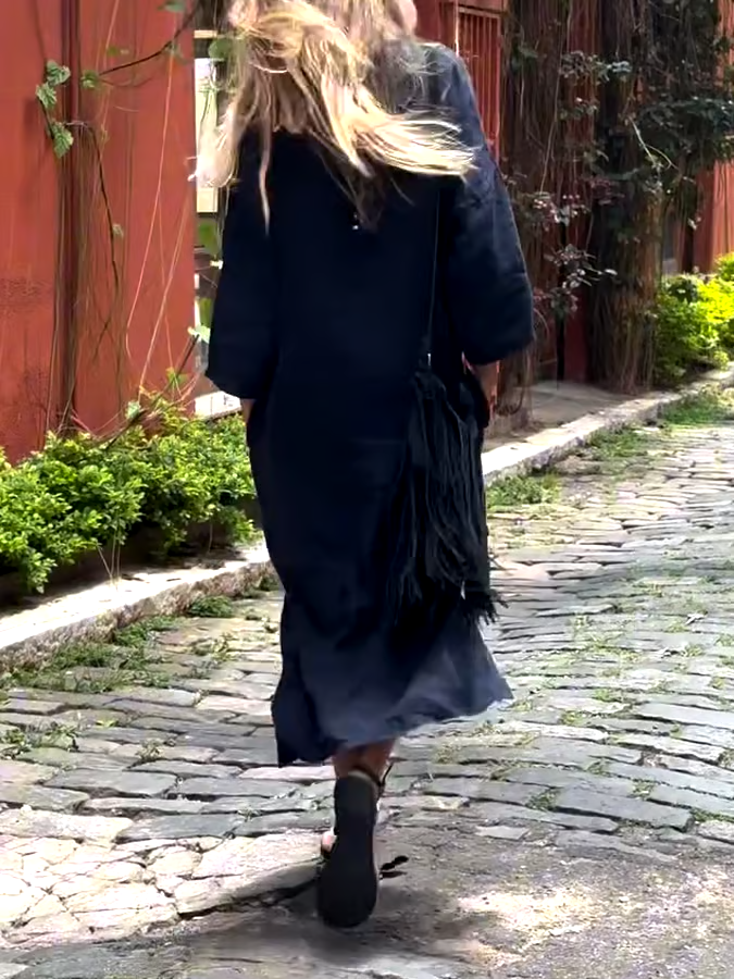 Women'S Casual Solid Color V-Neck Cotton And Linen Dress